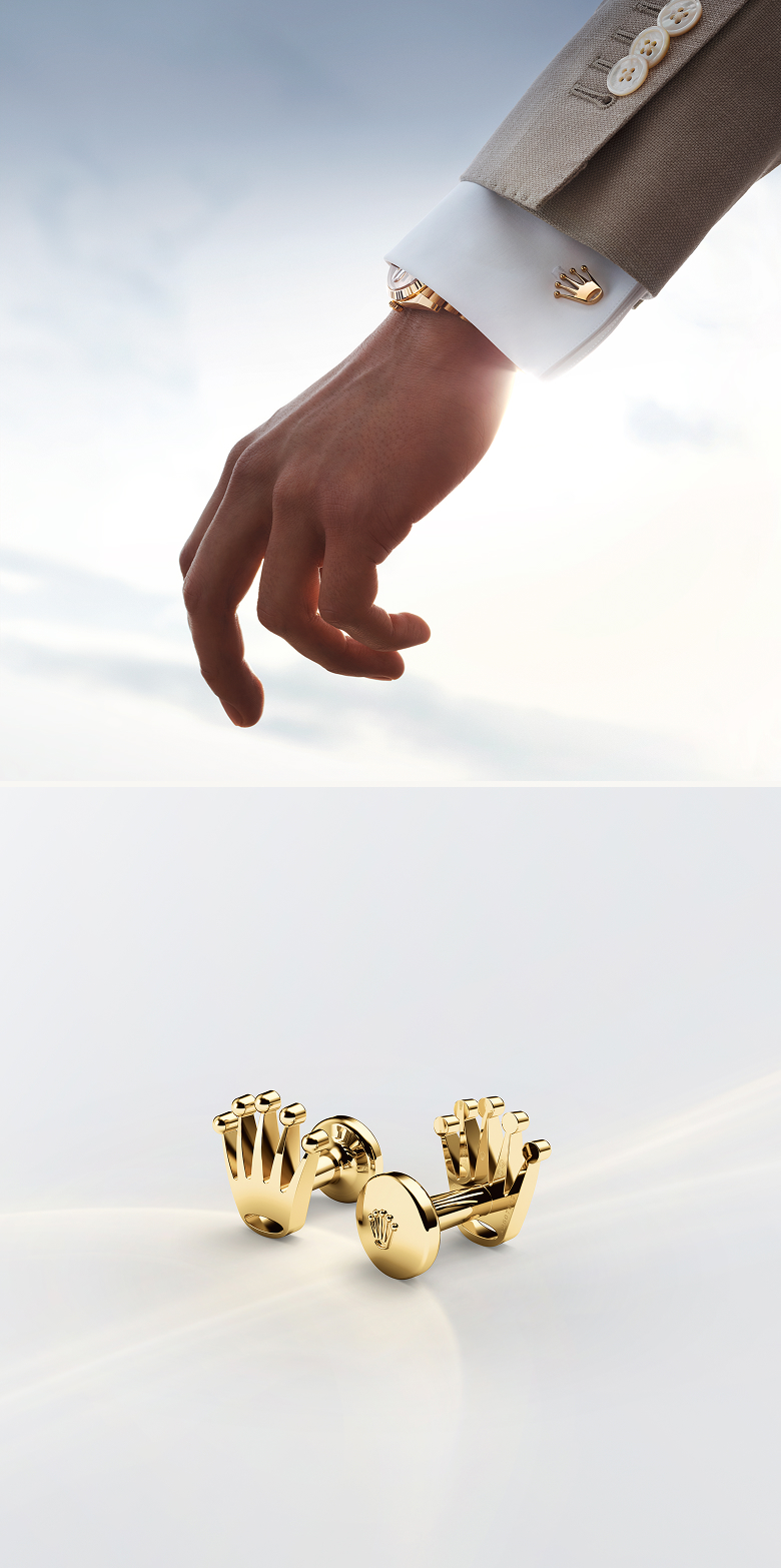 A photo of a two crown cufflinks and a man wearing the crown cufflink