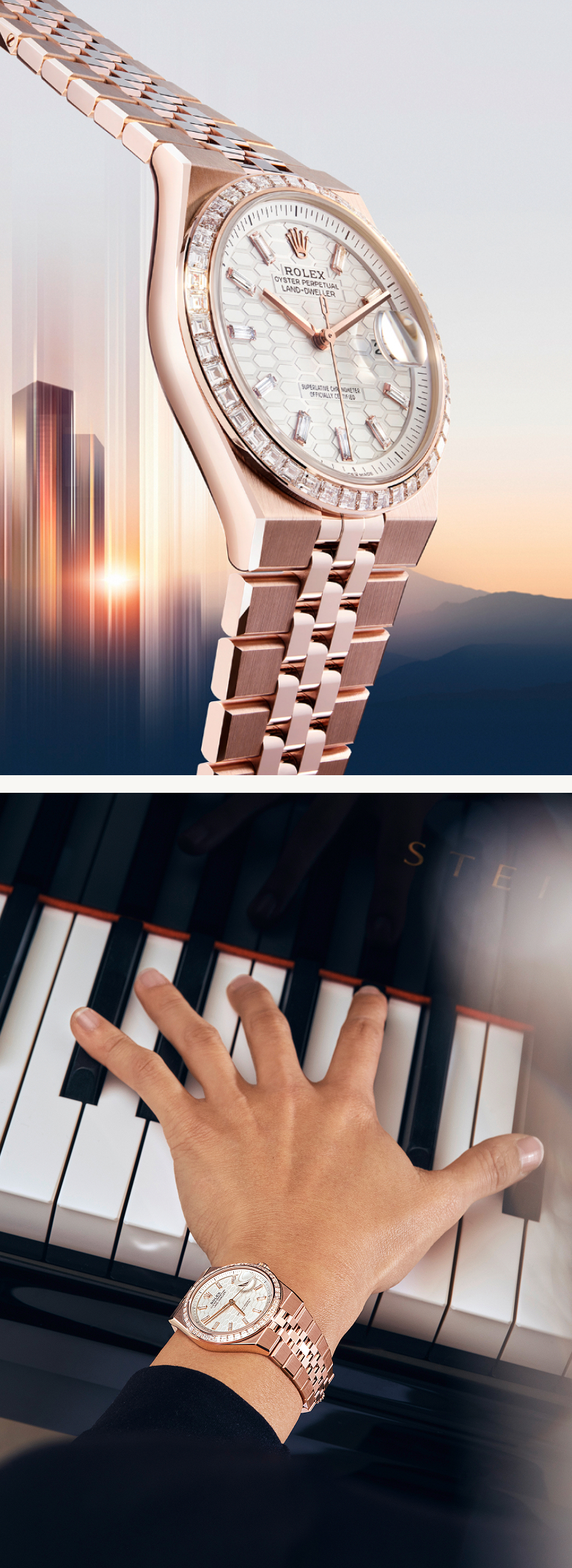 A two-in-one picture with on the left side the golden rose Land-Dweller watch and on the right side the golden rose Land-Dweller on the wrist of Yuja Wang